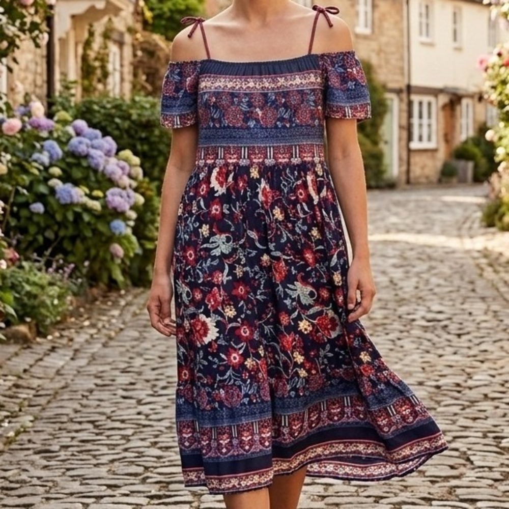 Knox‎ Rose Womens Navy Blue Floral Off Shoulder Boho Midi Dress Medium Beach